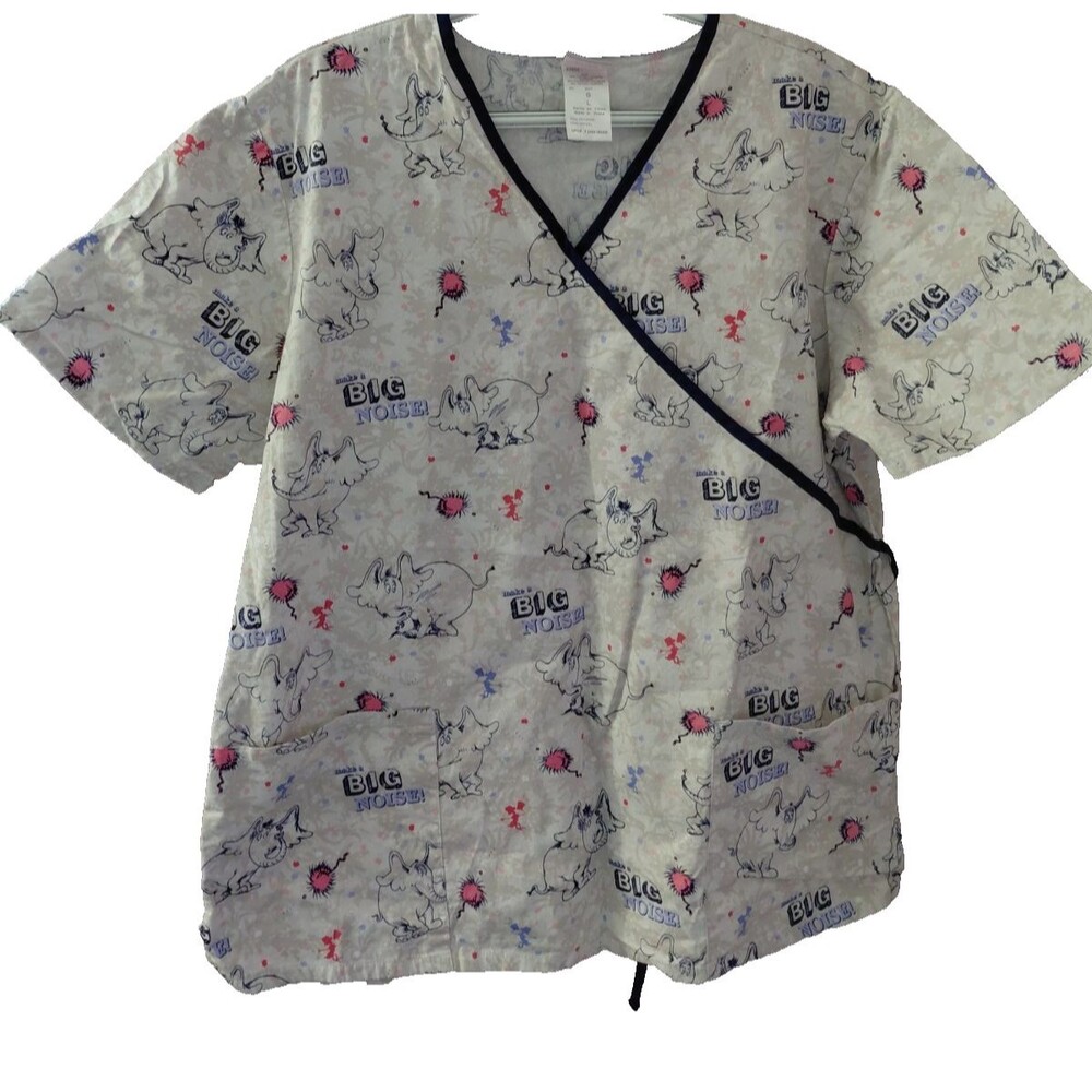 Dr Seuss Horton Hears A Who Scrub Top Women's L Make A Big Noise V Neck Pockets